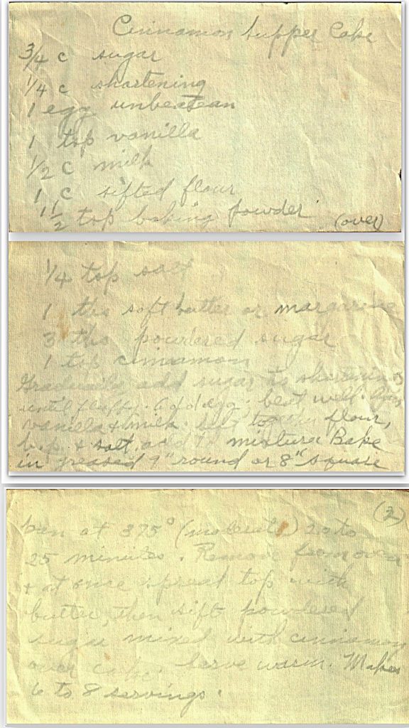 Cinnamon supper cake recipe handwritten on paper with ingredients and baking instructions