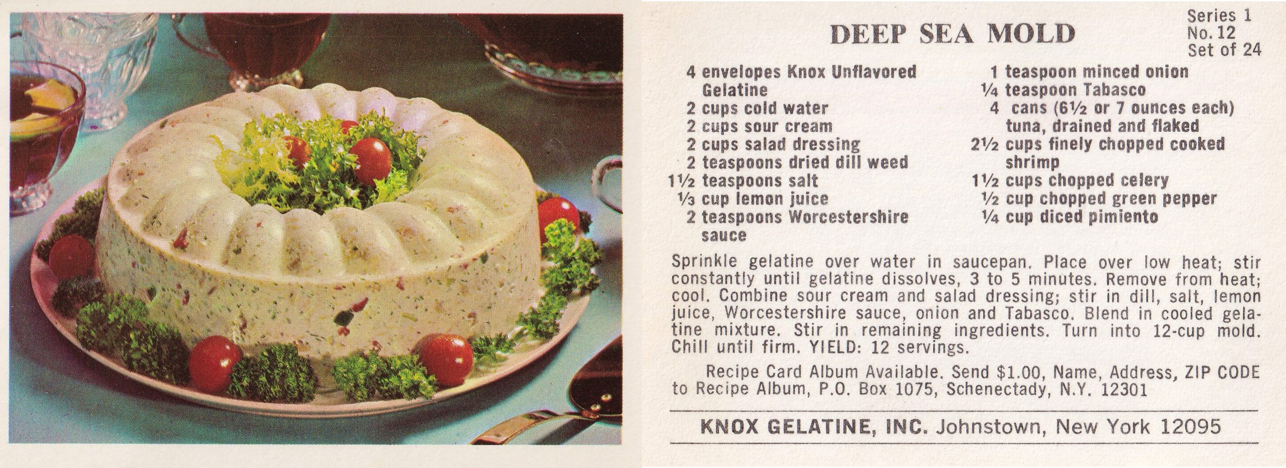 Knox gelatin deep sea mold recipe card showing seafood gelatin mold with tuna shrimp and vegetables
