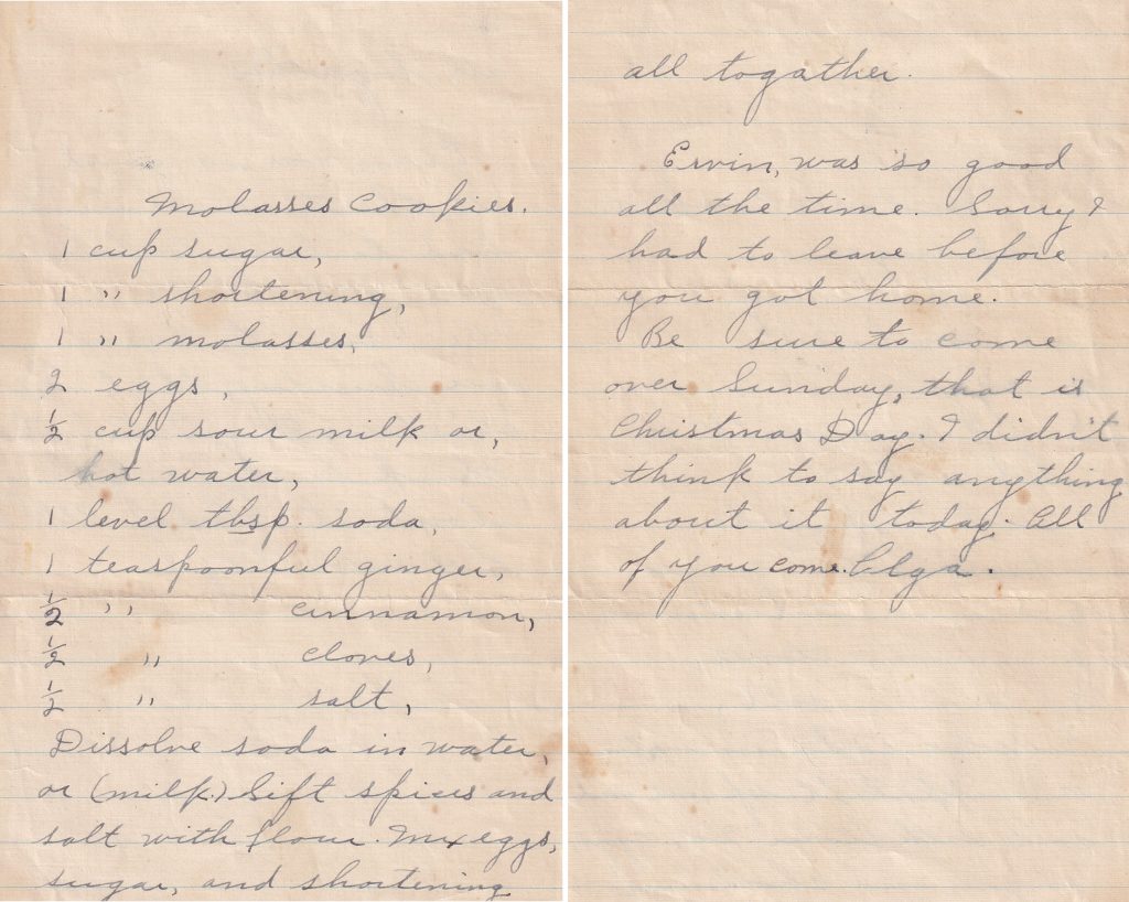 Handwritten recipe for Olga’s Molasses Cookies