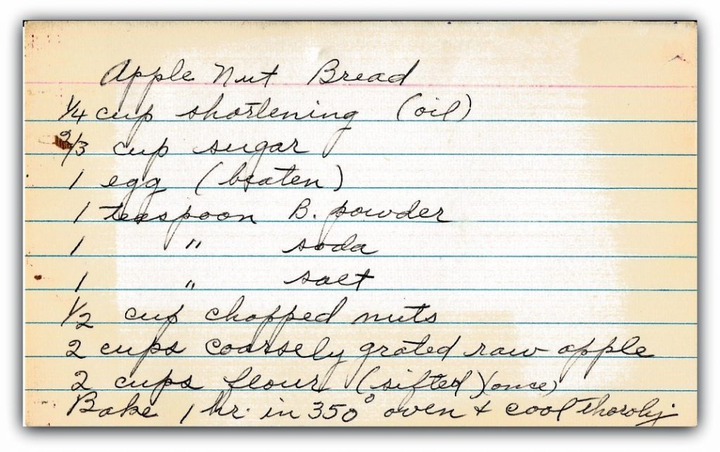 Handwritten recipe card for Apple Nut Bread
