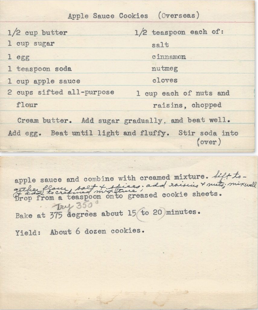 Apple Sauce Cookies recipe card with handwritten notes and baking temperature correction