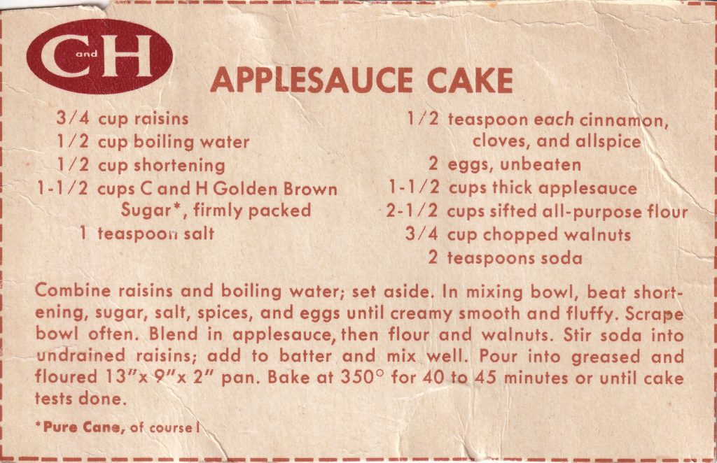 C&H sugar applesauce cake recipe from the original box
