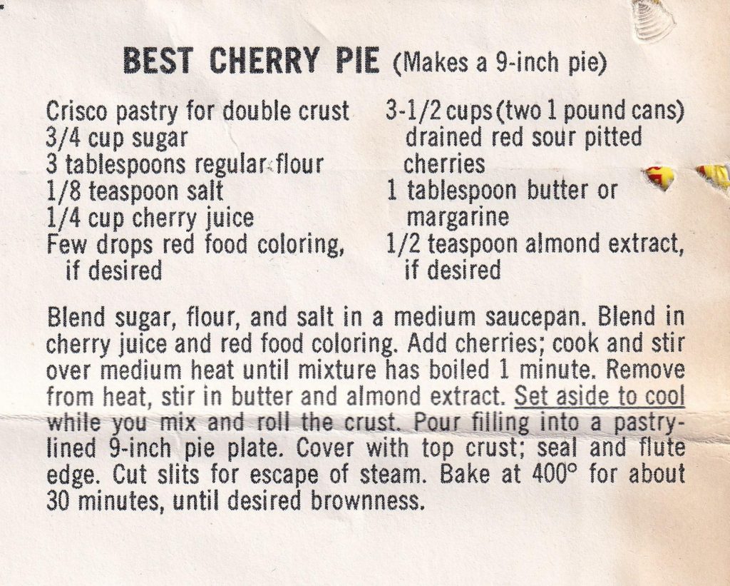 Recipe for Best Cherry Pie from an Original Crisco Label