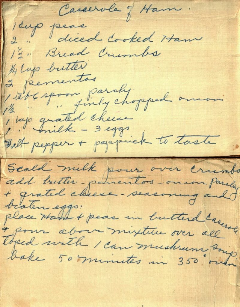 Handwritten recipe card for Casserole of Ham