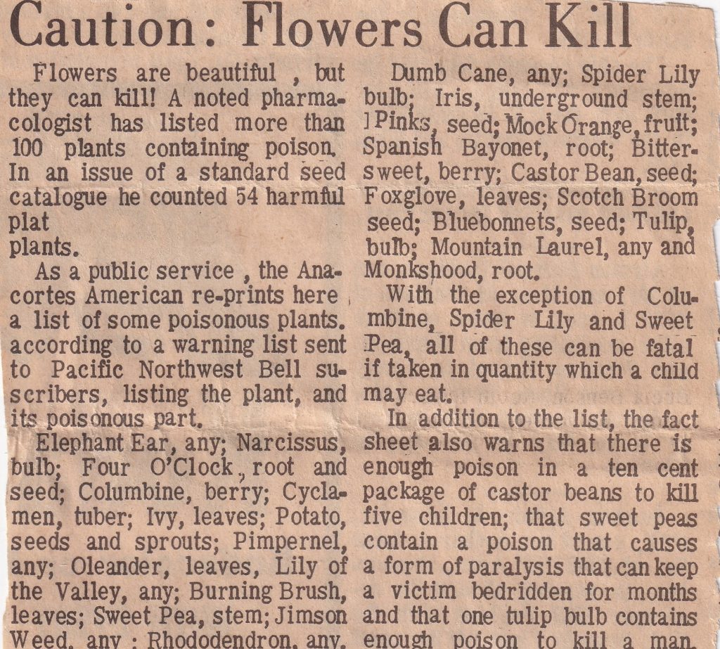 Newspaper clipping titled Caution: Flowers Can Kill listing poisonous plants and their potentially harmful parts 