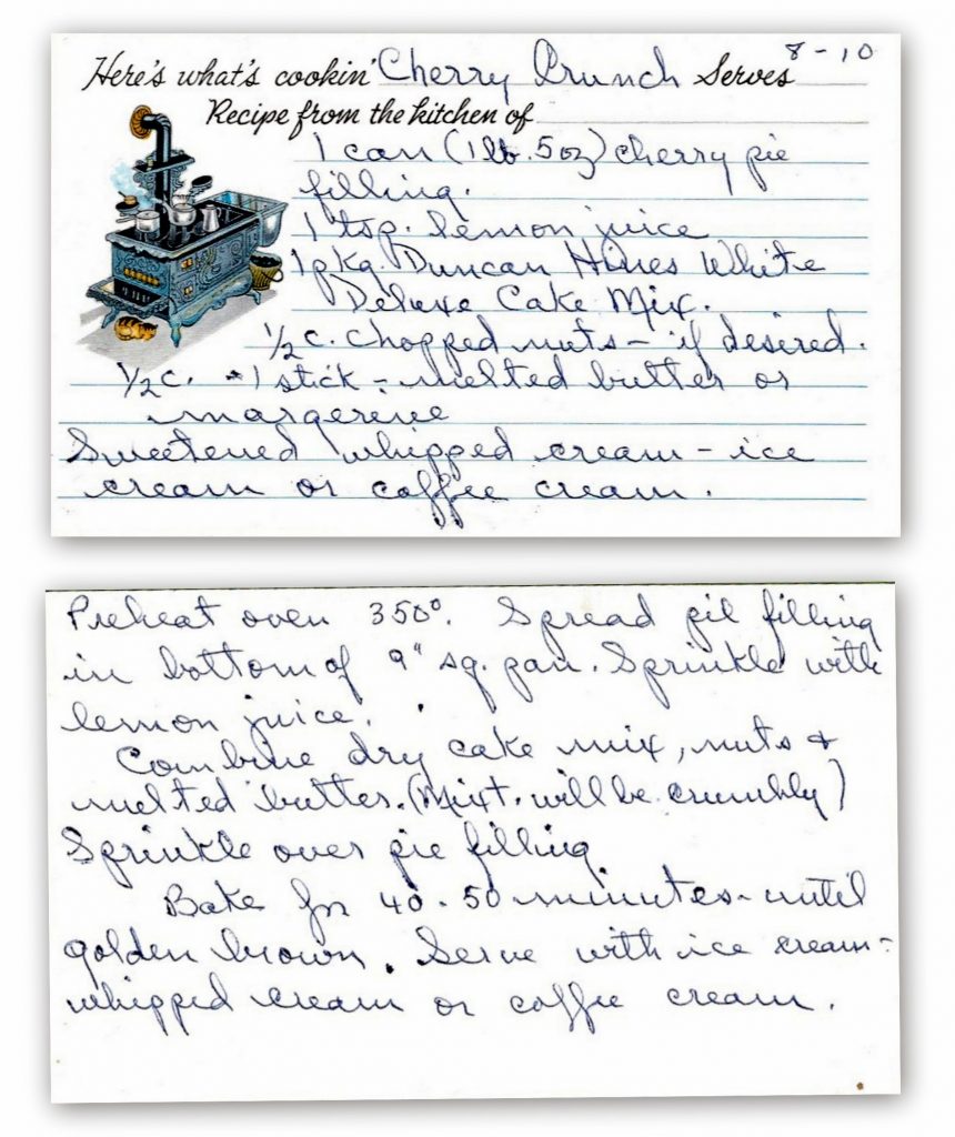 Handwritten recipe card for Cherry Crunch made with cherry pie filling and white cake mix