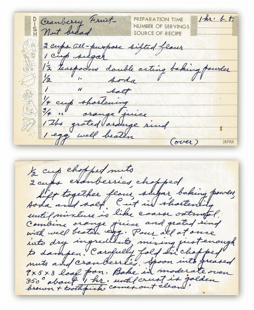 Handwritten recipe card for Cranberry Fruit-Nut Bread with cranberries, nuts and orange