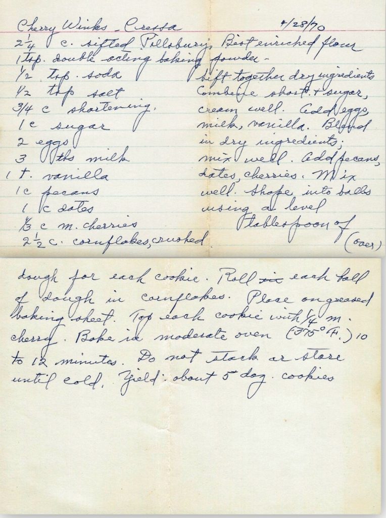 Handwritten 1970 recipe for Cressa’s Cherry Winks with pecans, dates, maraschino cherries and cornflakes