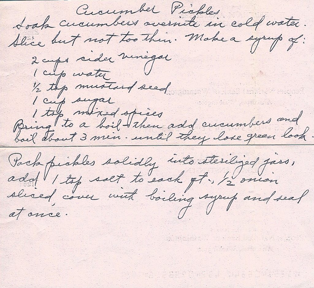 Handwritten Sweet Cucumber Pickles recipe with cider vinegar, mustard seed, mixed spices and onion 
