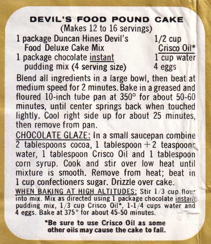 Devil’s Food Pound Cake instructions with chocolate glaze and high-altitude directions 