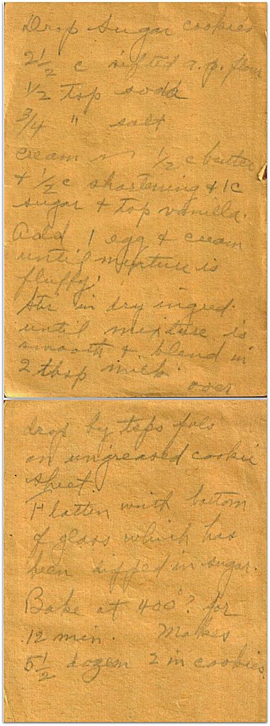 Handwritten Ella’s Drop Sugar Cookies recipe for cookies made with butter, shortening and vanilla 