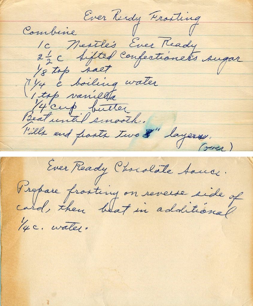 Handwritten Ever Ready Frosting and Chocolate Sauce recipe using Nestlé’s Ever Ready cocoa mix 