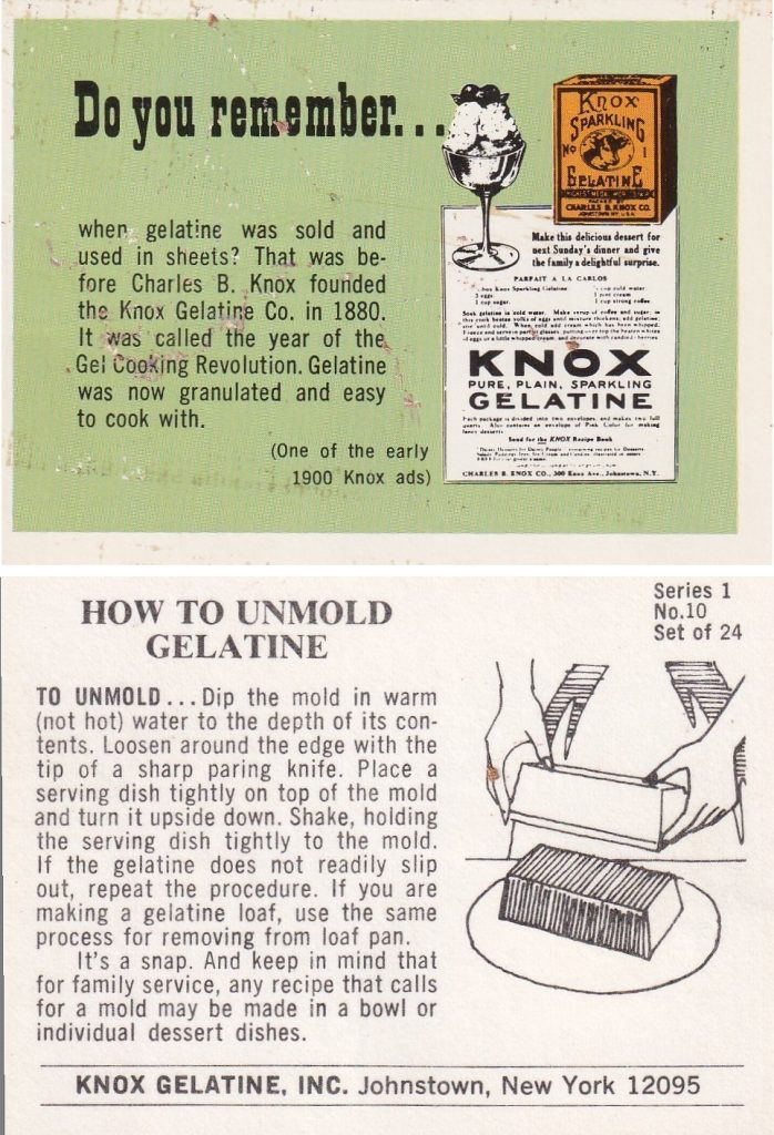 Knox Gelatine insert with instructions for unmolding gelatine and an early Knox advertisement