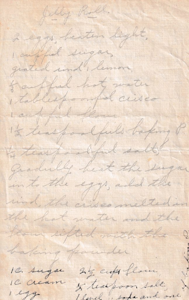 Handwritten Jelly Roll recipe on aged paper with ingredients and partial directions, plus an untitled ingredient list at the bottom.