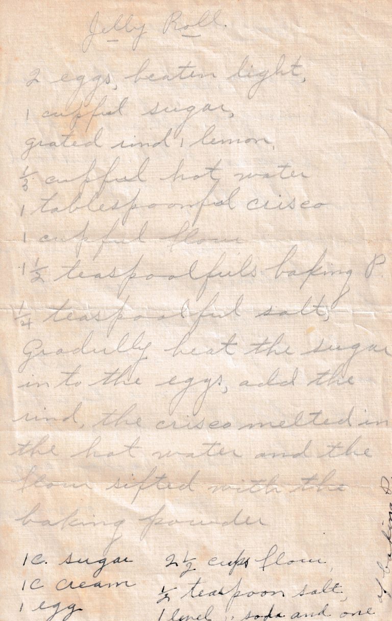 Handwritten Jelly Roll recipe on aged paper with ingredients and partial directions, plus an untitled ingredient list at the bottom.