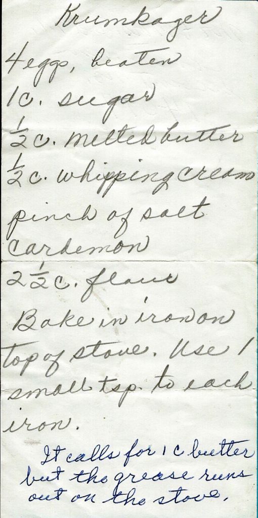 Handwritten Krumkager recipe with cardamom and a note about reducing the butter 