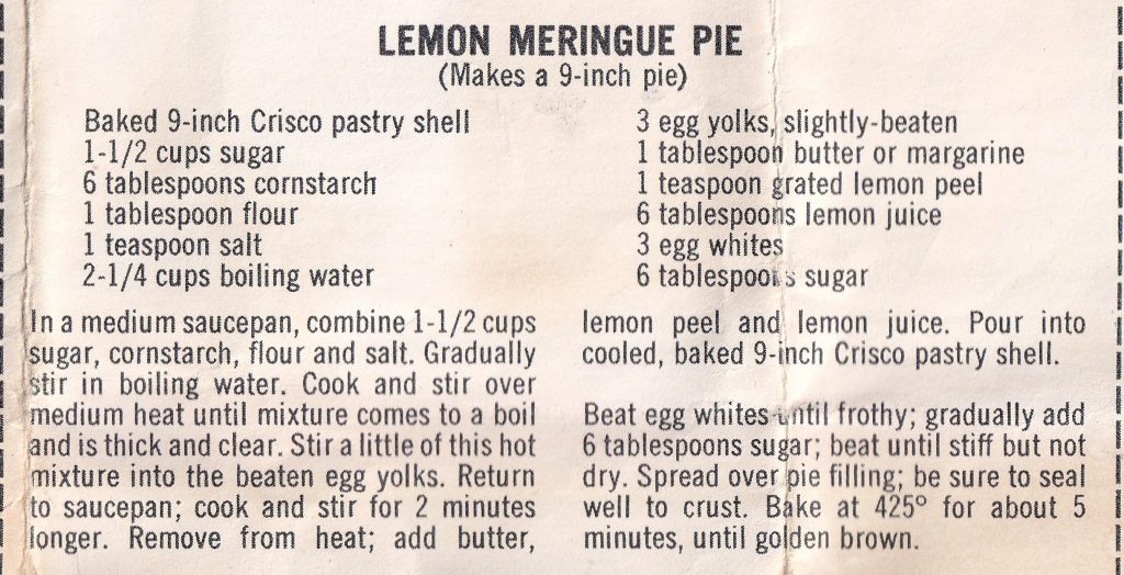 Crisco back-of-the-box Lemon Meringue Pie clipping of a recipe