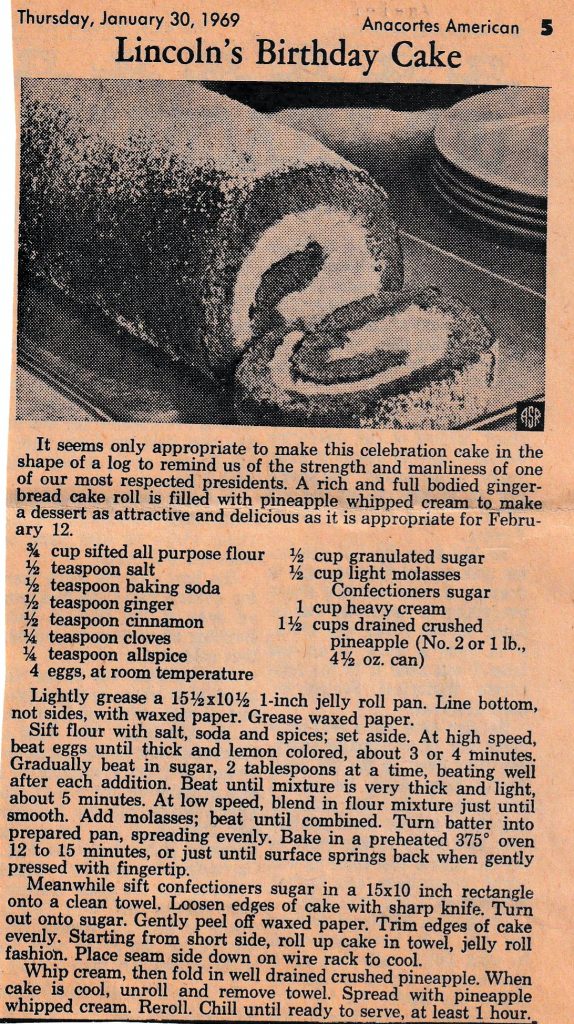 1969 Anacortes American clipping for Lincoln’s Birthday Cake, a gingerbread roll filled with pineapple whipped cream 