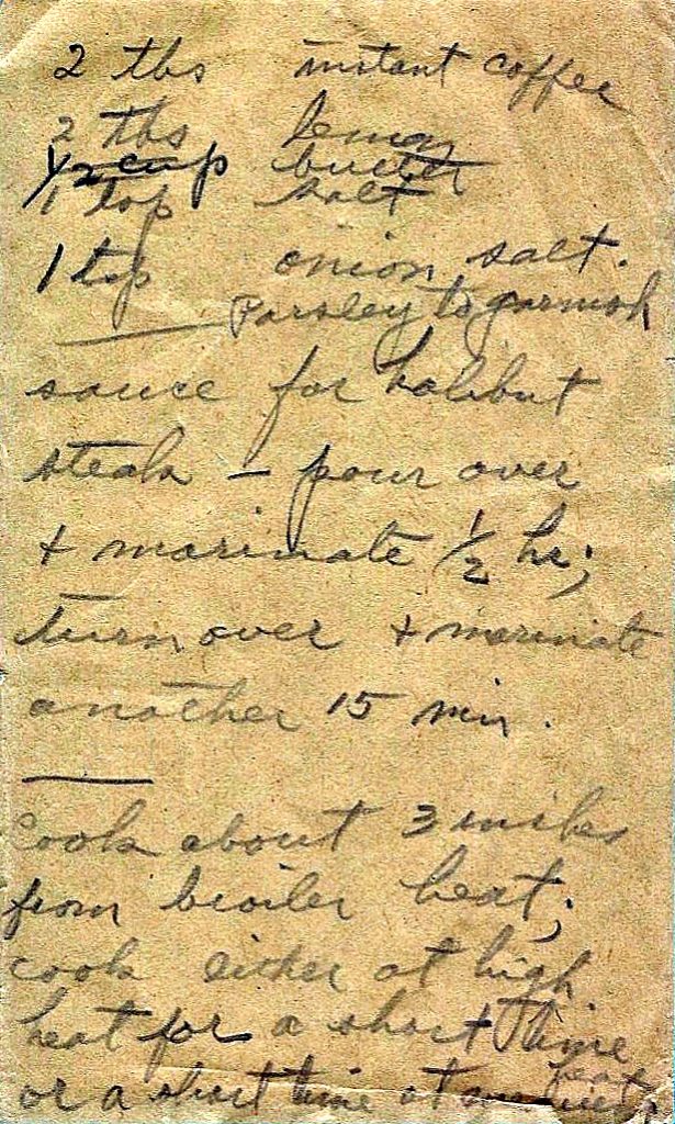Handwritten recipe for halibut steaks with instant coffee and lemon marinade 