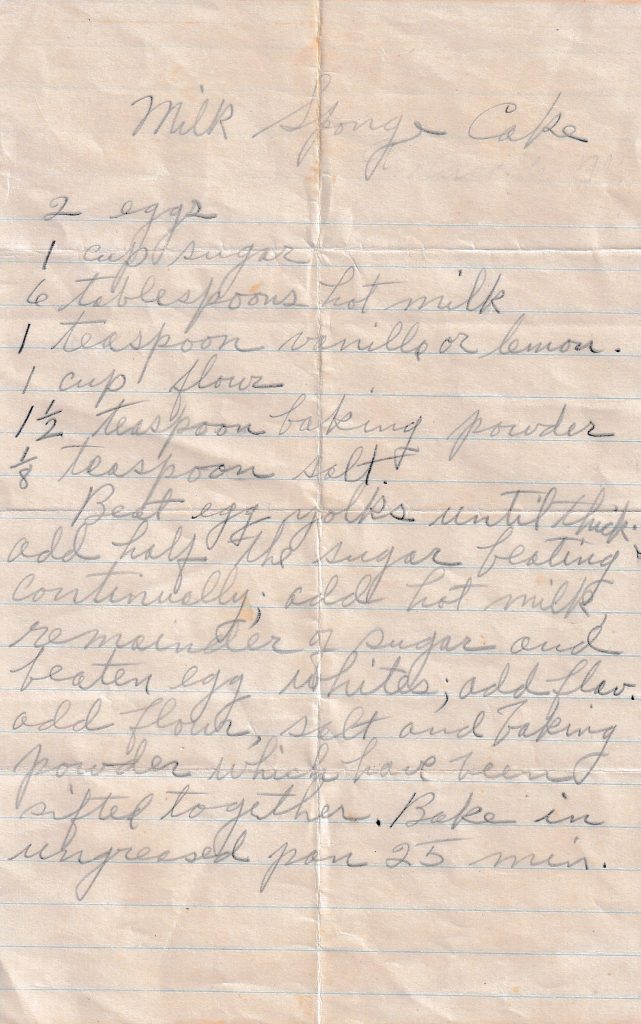 A handwritten recipe for a light, tender Milk Sponge Cake made with beaten eggs and hot milk, with your choice of vanilla or lemon for flavor—and it bakes in just 25 minutes. 