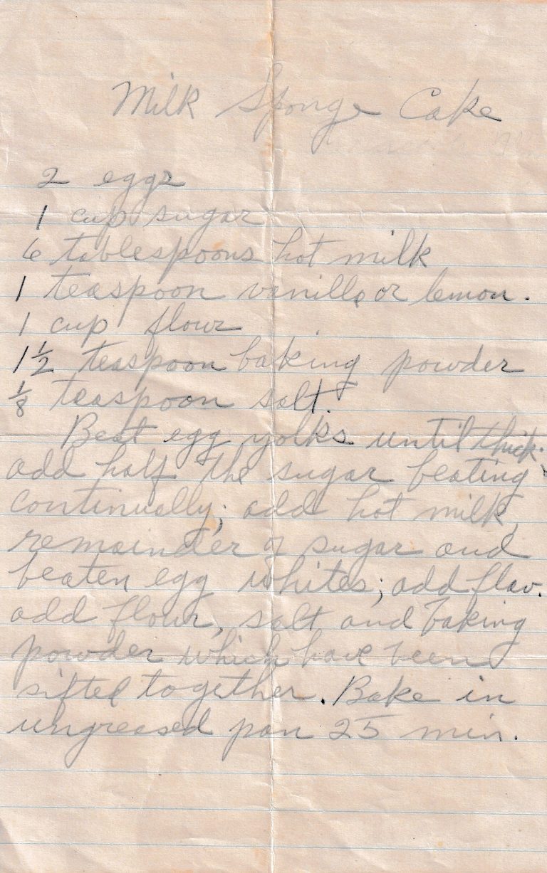 A handwritten recipe for a light, tender Milk Sponge Cake made with beaten eggs and hot milk, with your choice of vanilla or lemon for flavor—and it bakes in just 25 minutes.
