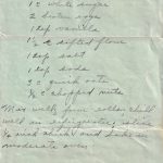Handwritten Mrs. T’s Oatmeal Cookies recipe on pale green paper with ingredients and directions for refrigerator-style oatmeal cookies.