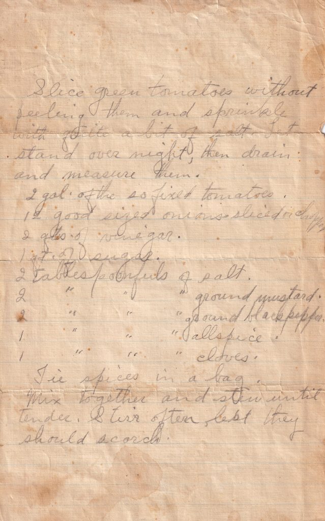 Handwritten Olave’s Pickles recipe made with green tomatoes, onions, vinegar, sugar and spices 