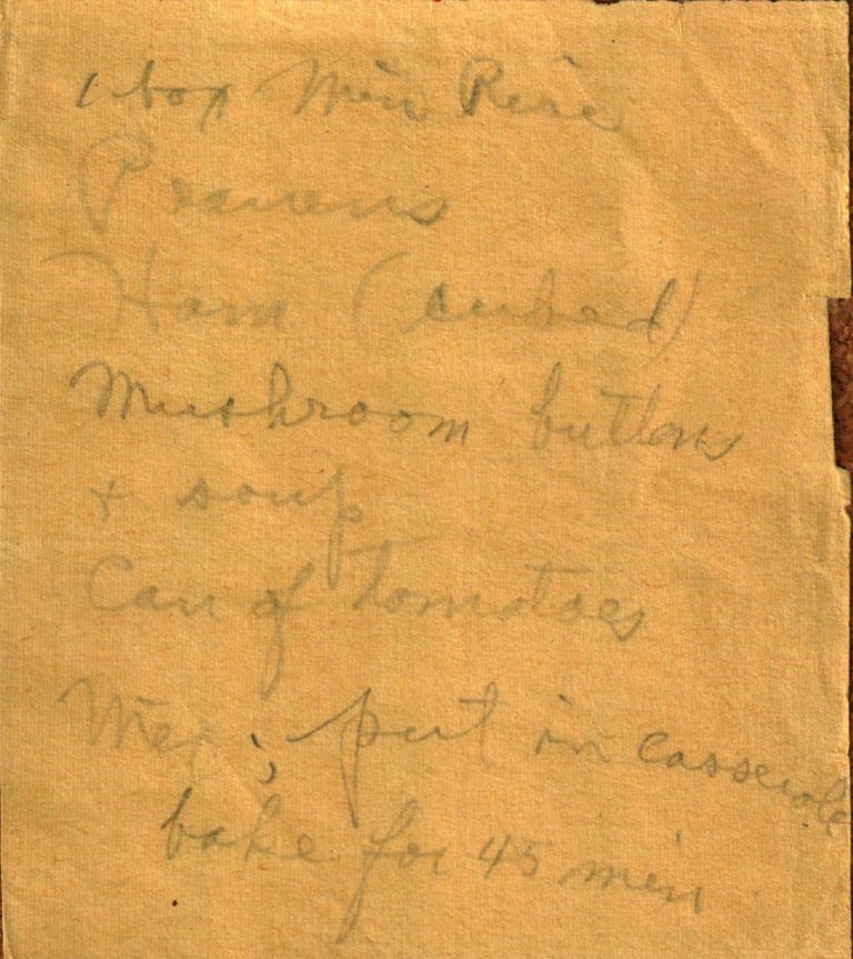 Handwritten Prawn, Ham and Rice Casserole recipe with mushrooms and tomatoes