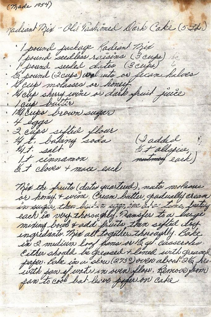 Radiant Mix Old Fashioned Dark Cake recipe with handwritten family notes 