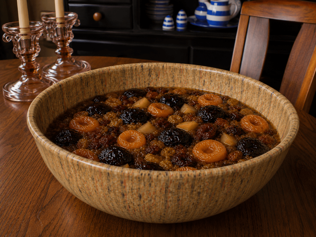 Sot Suppe Norwegian fruit soup with apricots, raisins, prunes, and tapioca 