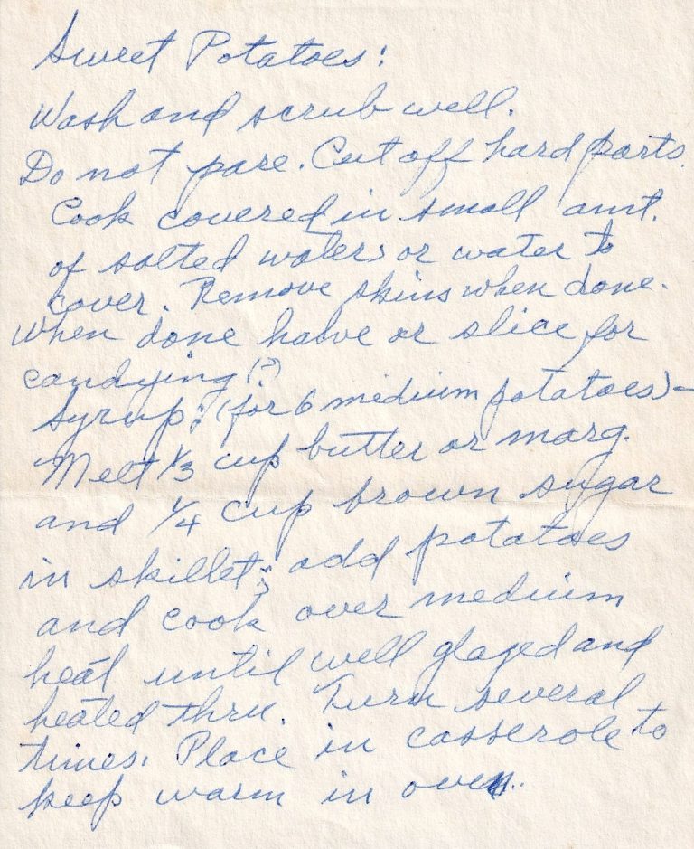 A handwritten Sweet Potatoes recipe that turns six simple spuds into buttery, brown-sugar-glazed slices—with a charming little question about whether “candying” is quite the right word for it.