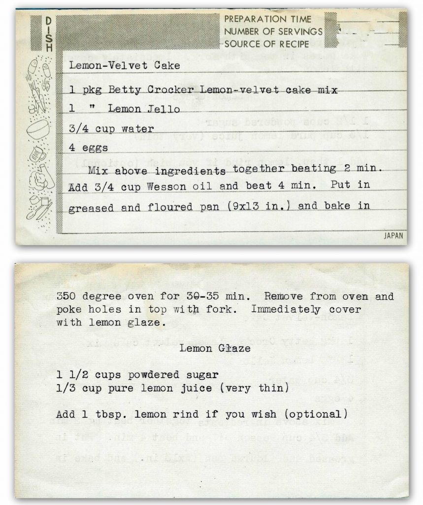 Typed recipe for Vera’s Lemon Velvet Cake with Glaze, made with lemon cake mix and Jell-O and topped with a powdered sugar and lemon juice glaze.
