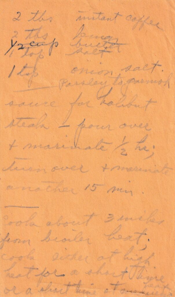 Handwritten recipe for broiled halibut steaks marinated in a distinctive sauce made with instant coffee, lemon, butter, and seasonings. 